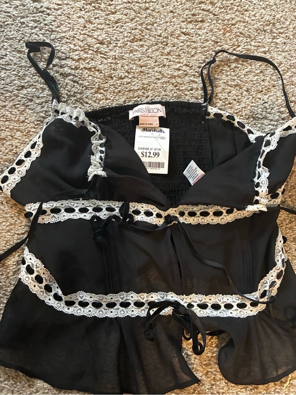 Paris Hilton Black Sheer Babydoll with White Lace Trim